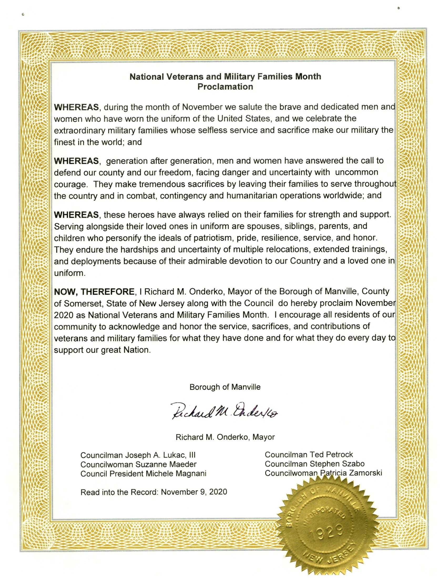 Veterans and Military Family Proclamation